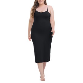 Vlazom Women's Plus Size Full Slip Dresses Petticoat Adjustable Spaghetti Strap Under Dresses Long Nightgown V-Neck Cami Dress Black, 1XL