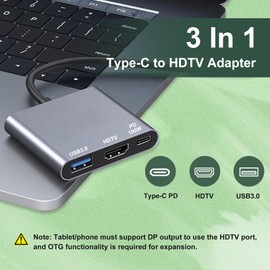3-in-1 Type-C HUB, USB Type-C to HDTV 4K+Type-C PD100W Fast Charging+USB 3.0 Supports high Speed Data Transfer up to 5Gbps (5120Mbps) Multi-Port Adapter,Docking Station