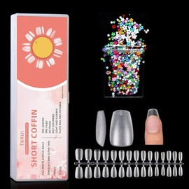 240 Pieces False Nails, Nail Tips for Nail Art and Home Nail Art Studio, Short Coffin Nail Tips (240 Coffin, Short, Decoration, 15 Sizes)