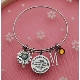Eilygen Sunflower Bracelet Gift Initial Charm Bracelet 26 Letters Adjustable Bracelet for Women Encouragement Jewelry for Her (Sunflower Bangle M)