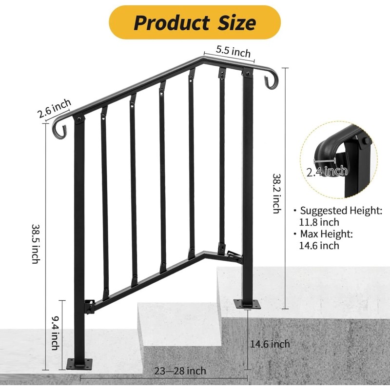 LMYYGOO Steps Wrought Iron Handrail Stair Railing ，2 to 3