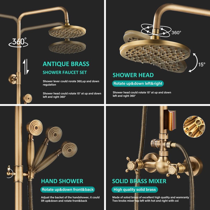NeierThodore Antique Brass Bathroom Shower Faucet System Set 8 Inch
