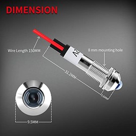 DaierTek LED Indicator Light 12V DC 8MM 5/16" 12 Volt Waterproof Metal Led Light Red Blue Green Lamp with Wire Leads for Dash, Car, Truck, Marine, Boa
