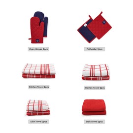 Encasa XO Kitchen and Dish Towels - Oven Mitts - Pot Holder Set of 12 Pc - Pure Cotton - Dishcloths Red Combo