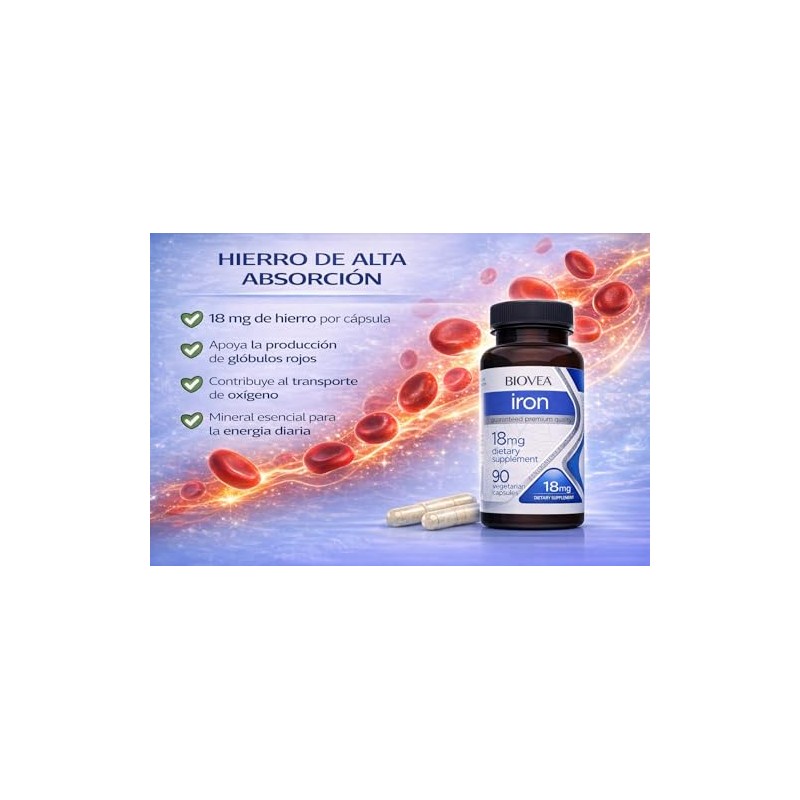 BIOVEA Hierro Bis-Glicinato de alta biodisponibilidad 90 capsulas de 18mg