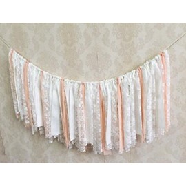 White Lace Flower and Pink White Ribbon Shabby Chic Garland Rag Tie Banner Bunting Wedding Party Garland Background