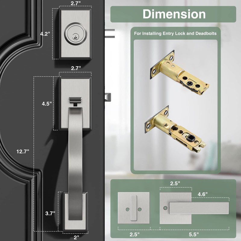 Floresita Front Door Lock Set, Sliver Front Door Handle and
