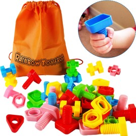 Jumbo Nuts and Bolts Set with Toy Storage and Book | Montessori Toddler Rainbow Matching Game Activities | Fine Motor Skills Autism Educational Toys for Baby, 1, 2, 3 Year Old Boy and Girl | 40pcs …