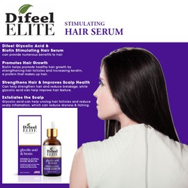 Difeel Elite Glycolic Acid & Biotin Stimulating Hair Serum 2 oz. - Hair Growth Serum for Men and Women for Stronger Hair, Deep Scalp Exfoliator