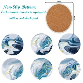 Coasters Set of 6,Bule Marble Style Ceramic Drink Coaster with Holder,Absorbent Coasters with Cork Backing for Table Protection,Suitable for Kinds of Cups,Housewarming Gifts for New Home