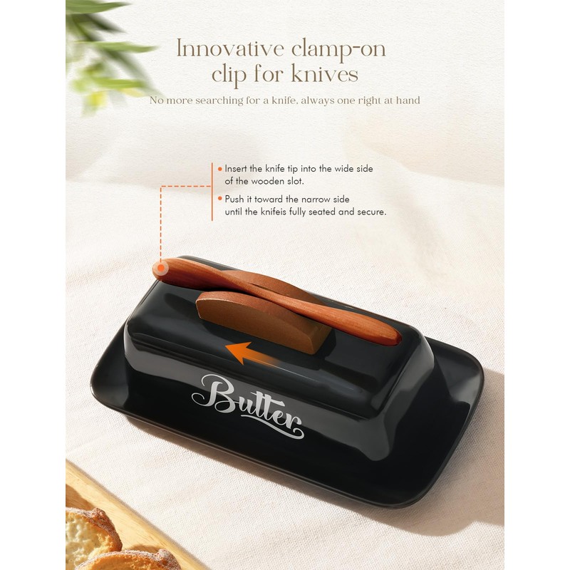 Black Butter Dish with Lid and Knife，Black Butter Tray，Ceramic Butter