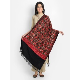 Zamour Kashmir Women Stole Scarf Wrap Shawl with Indian Embroidery Flower - 6387 (Black)