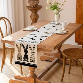 Jayusaror Easter Table Runner Three Bunnies Spring Black Seasonal Washable Modern Small Tablecloth Table Runner for Coffee Dining Room Chest of Drawers Side Table Bedroom Party Decoration 40 x 140 cm
