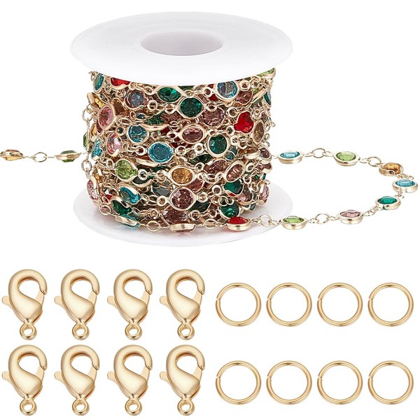 Beebeecraft 5m Colorful Crystal Chain Gold Plated Brass Round Glass