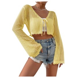 SHENHE Women's Tie Front Tops Bell Long Sleeve Knit Crochet Cardigan Crop Top Yellow Large