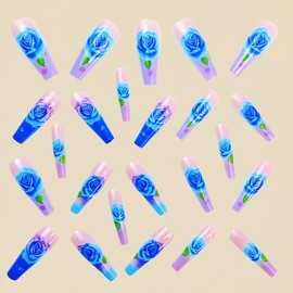 Blue Enchantress Press on Nails Long Coffin Fake Nails Blue Rose Stick on Nails Gradient Acrylic Glue on Nails Glossy Full Cover Artificial False Nails Reusable Nails Kit for Women Girls 24Pcs