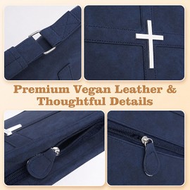 Bible Bag, Vegan Leather Bible Cover Case for Women and Men with Metal Cross, Zippered Organizer with Handle, Includes Bible Study Supplies, Pens, Highlighters & Tabs, Christian Gifts(Indigo)