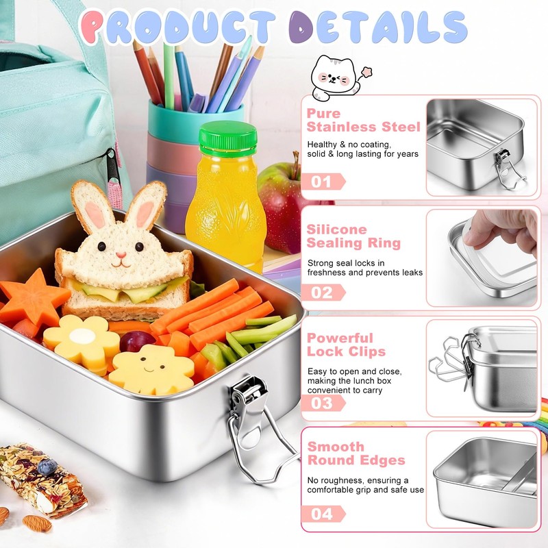 TeamFar Stainless Steel Bento Box, 2 Pack 47oz/1400ml Metal Lunch
