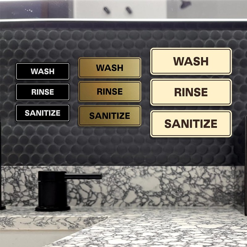 Señal de lavado estándar SANITIZE (paquete de 3), Brushed Silver,