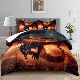 Raphus cucullatus Dragon Comforter Set Queen Size,Ancient Wild Animal Dragon Pattern Bedding Set,Dragon Bedding Set Queen,Boys Bedding Sets Queen,3D Dragon Cartoon Queen Bedding Sets for Boys