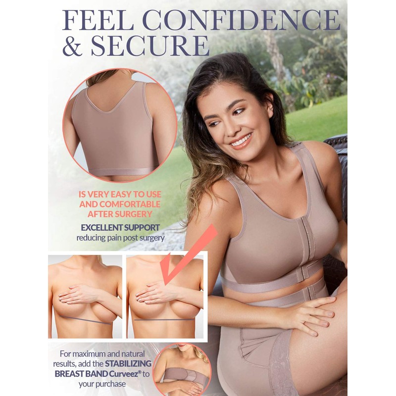 CURVEEZ Post-Surgery Front Closure Compression Support Bra Adjustable Wide Strap