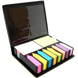 KAV Leather Look Sticky Memo Desktop Box Set with Arrow Flags Index Tabs - Multi-Colored Self-Stick Notes Holder and Organizer for Office School Supplies, Cell Phones Accessories