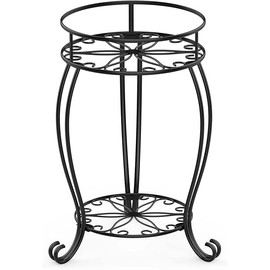 FaithLand Plant Stand, Heavy Duty Metal Planter Holder Indoor Outdoor, 2 Tier Round Potted Supports Rack, Corner Display Shelf Black