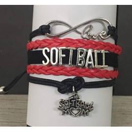 Softball Mom Bracelet – Red and Black Infinity Love Wrap Wristband with Softball Heart Charm – Gift for Softball Player Moms