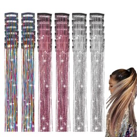 36-Piece Pink Hair Tinsel Extensions Clip-In Fairy Hair Glitter Shiny Sparkly Fairy Tinsel Hair Extensions Accessories for Girls Kids Women for Festivals and Daily Use