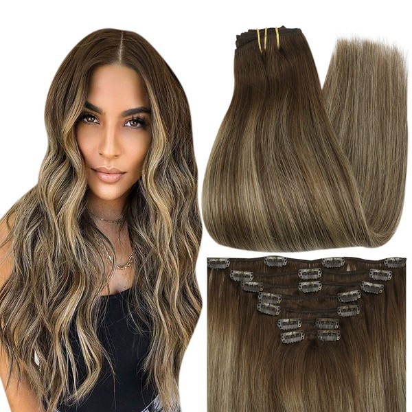 Full Shine Human Hair Clip In Extensions 20 Inch Clip Hair Ombre Color 4 Fading To 24 And 4 Balayage Clip Hair Extensions 100 Gram Double Weft Clip In Hair Extensions 7 Pcs Human Clip