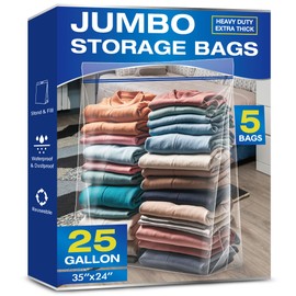 25 Gallon Jumbo Storage Bags, 3.5 Mil Thick Clear Plastic Zipper Bags with Handles, 35" x 24" Extra Large XL Heavy Duty for Home, Travel, and Moving (5 Packs)