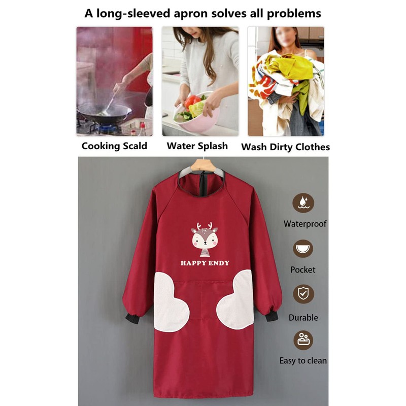 NAN Wind Women Kitchen Apron with Big Pockets,Long Sleeves Waterproof