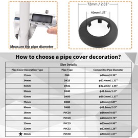 Juvielich 6Pcs Pipe Cover Fit for 1.63" Pipe PP Plastic Flange Pipe Cover Decoration Black Escutcheon Collar Pipe Cover Radiator for 1-1/2 inch Wall Pipe Tube Decoration