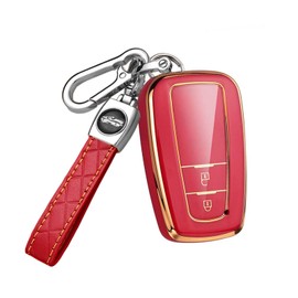HIBEYO Smart Car Key Case Fits Toyota Protective Key Case Cover TPU for Camry Prius CHR Prius Prime Corolla Yaris Key Ring Key Box Key Fob 2 Buttons (Red)