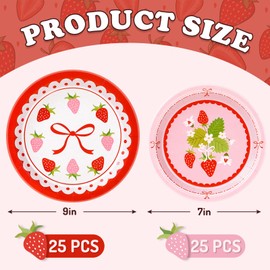 FYSUIMU 50Pcs Strawberry Paper Plates Bow Strawberry Floral Disposable Plates 7 & 9 Inch Red Pink Cute Decorative Dinner Dessert Plates for Wedding Birthday Baby Shower Party Supplies
