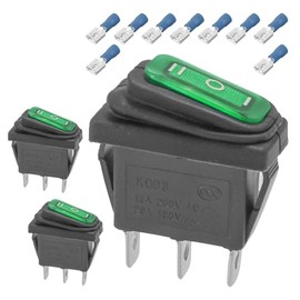 3-Pack Waterproof Rocker Toggle Switch with Green Button, ON/Off/ON SPDT 3Pin Boat Switches for Home Auto Car Marine Boat, KCD3-103