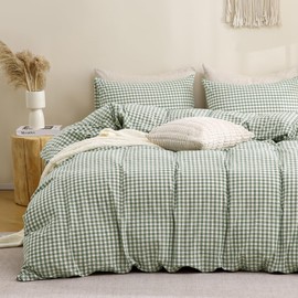 TOCOMOA Green Gingham Duvet Cover Bedding Set 100% Washed Cotton Like Linen Feel Super Soft Comfortable 3 Piece Vintage Plaid Checkered Comforter Cover Set (Queen 90"x90", Comforter Not Included)