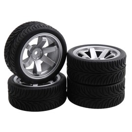 Mxfans 4pcs Silver Plastic 6 Spoke Electroplated Wheel Rim & Black Wheat Pattern Rubber Tire for RC1:10 On-Road Racing Car