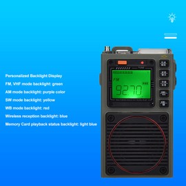 Radio Portátil de Banda Completa, Am FM Radio SW WB VHF Band, Radio de Onda Corta de Onda Larga con Bluetooth, Linterna, Alarma SOS, Pantalla Retroiluminada, Compatible con