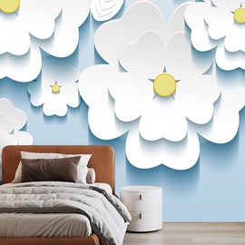 NWT Removable Wall Sticker/Wall Mural White Daisy Flower Collage Nature Wilderness Digital Art Modern Art Decorative Floral Botanical Contemporary for Living Room, Bedroom, Office - 66x96 inches