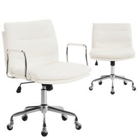 Modern PU Leather Home Office Chair with Padded Seat, Gold/Silver Frame, and Wheels, Upholstered Desk Chair Aesthetic, Adjustable Armrests Swivel Vanity Chair