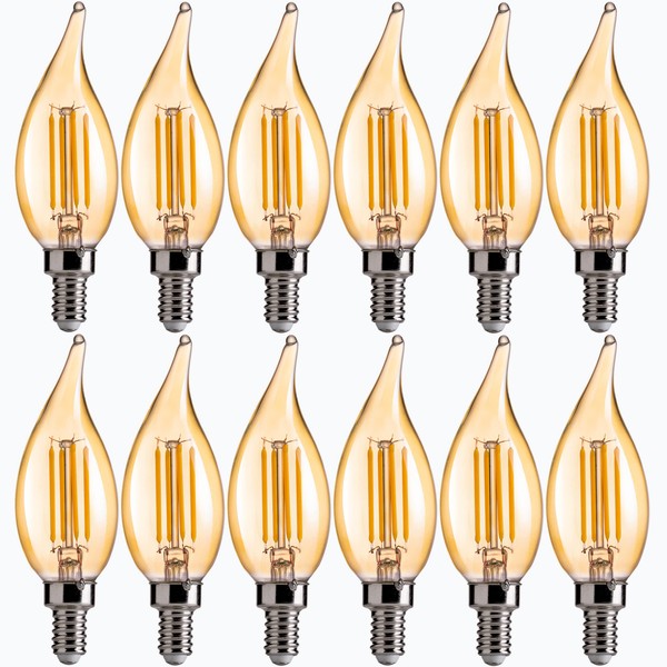 FLSNT CA11 E12 LED Chandelier Light Bulbs 40W Equivalent, Dimmable LED Candelabra Bulbs, 2200K Warm White, 330LM, Amber Glass, 12 Pack