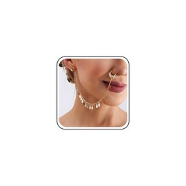 TseenYi Punk Fake Nose Ring Ear Chain Earrings Gold Disc Tassel Nose Ring Hoop Chain Vintage Sequins Fringer Nose Ring Ear Chain Not Piercing Cuff Nose to Ear Chain Jewellery for Women, Metal