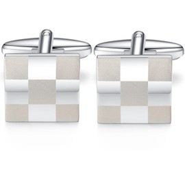 HONEY BEAR Square Lattice Cufflinks for Mens Shirt Steel Wedding Gift Silver