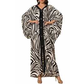 Orshoy Women's Kaftan Beach Dress Maxi Kaftan Long Cover Up Summer Dress Maxi Dress V Neck Casual Dress Swimwear Sleepwear Casual Long Dress, Black and white zebra, One size fits all