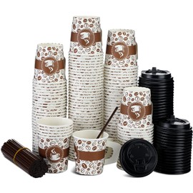Tessco 200 Set 4 oz Disposable Espresso Cups Bulk with Wide Comfort Handles Small Paper Hot Coffee Cups Stylish Printed Paper Coffee Cups with Lids and Straws for Coffee, Tea, Cocoa, Juice, and More