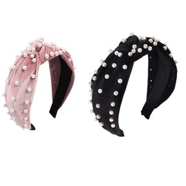 2 Pieces Pearls Headband Wide Hair Hoop Velvet Pearls Headband Vintage Twisted Headwear for Woman Hair Accessories (Style1, One size)