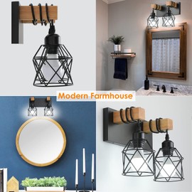 Farmhouse Vanity Light Fixture,2-Light Bathroom Lighting,Black Industrial Wood Wall Light Over Mirror with Metal Shade,LED Bulbs Included