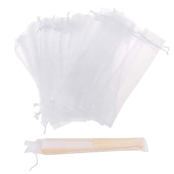 Bezall 50Pcs Organza Hand Fan Bags, 2x10 Inches White Folding Fan Drawstring Bag Hand Fan Decorative Pouch Party Wedding Favor Gift Bags