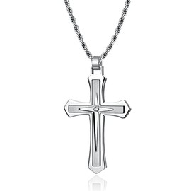 REchoLI Cross Necklace for Man,Stainless Steel with Crystal Accent cross Silver/black Pendant,Christian jewelry Chain Length 60 CM / 23.6 Inches